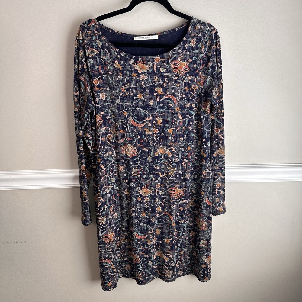 Peruvian Connection Long Sleeve A Line Dress Blue Floral M Dark Romantic Boho